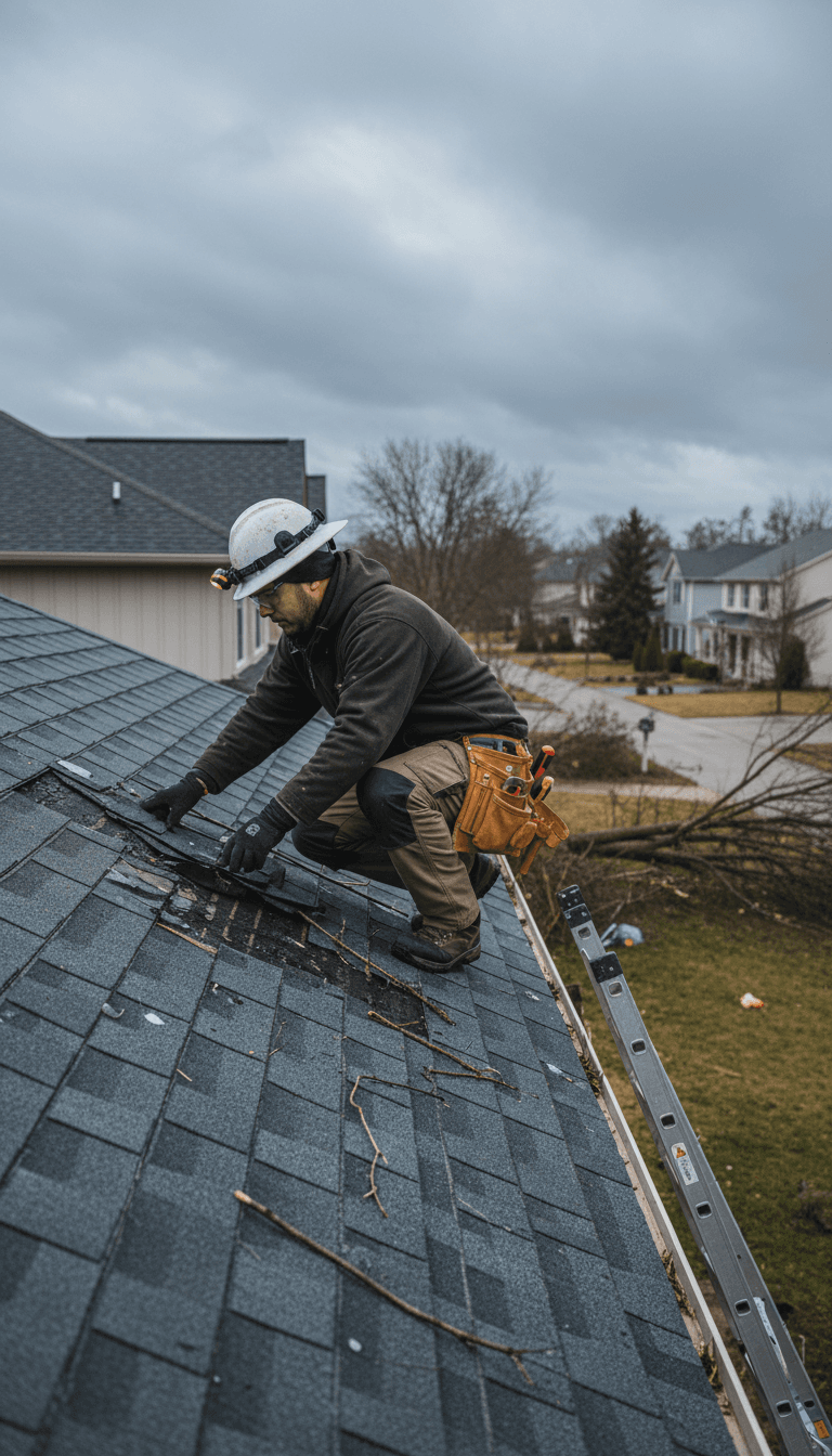 professional roofer in work gear inspecting a residential roof after a storm with a ladder in background