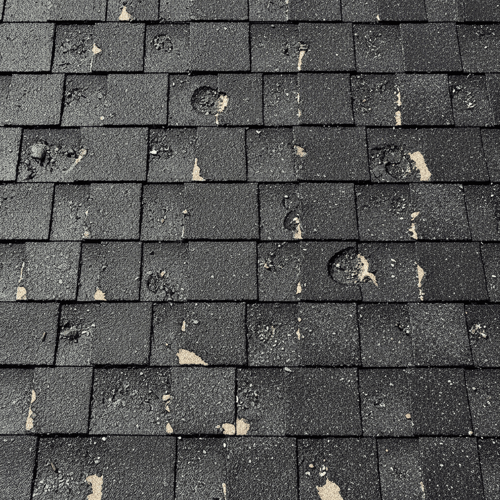 Close up of damaged asphalt shingles on roof after hailstorm with granule loss visible