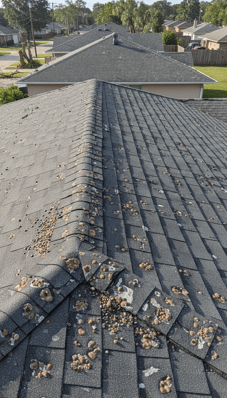 Close up of damaged asphalt shingles after a hailstorm with scattered granules