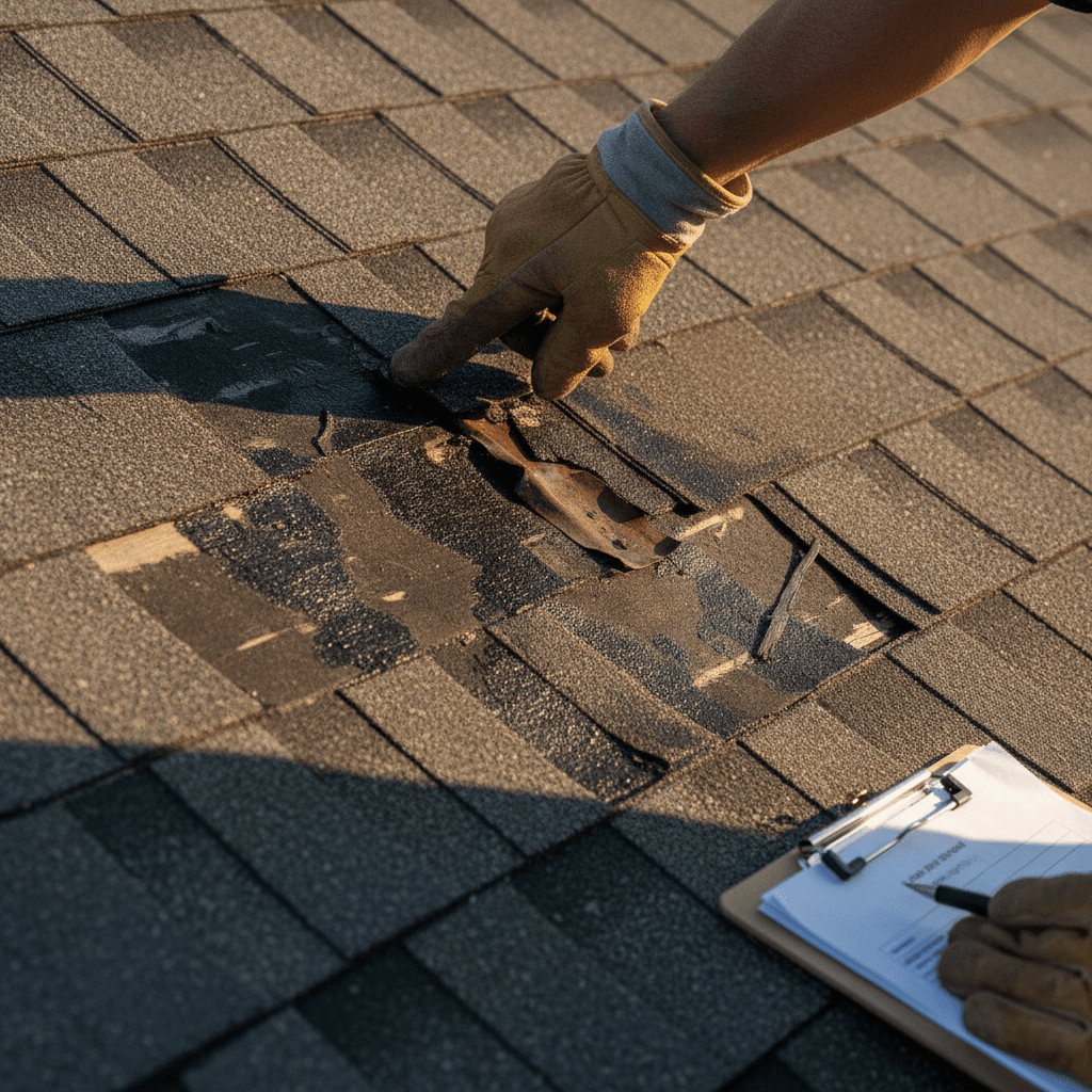 Contractor documenting storm damage on roof with camera