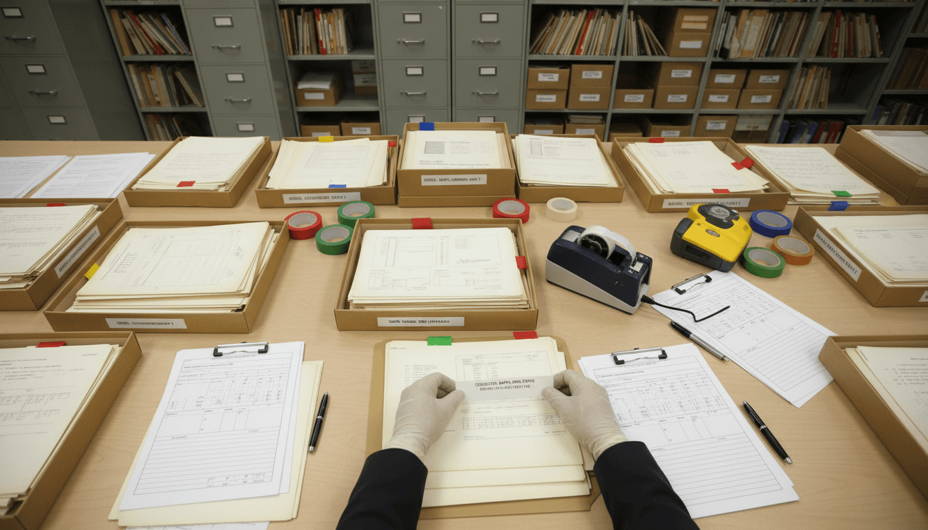 Overhead view of document cataloging workspace with organized folders, labeling equipment, and professional hands arranging institutional records