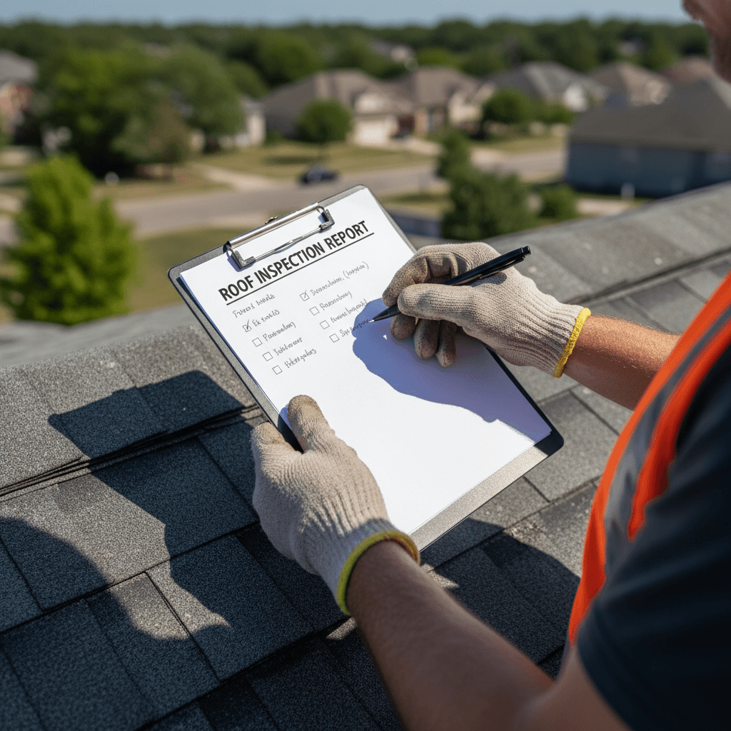Roofing contractor inspecting shingles on residential roof with clipboard