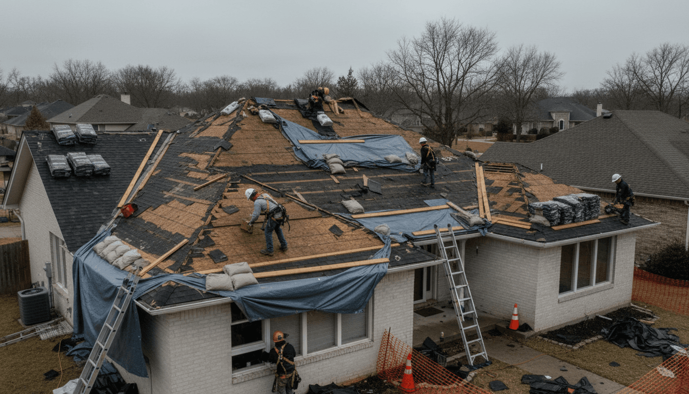 Close-up of roof showing hail damage and missing shingles
