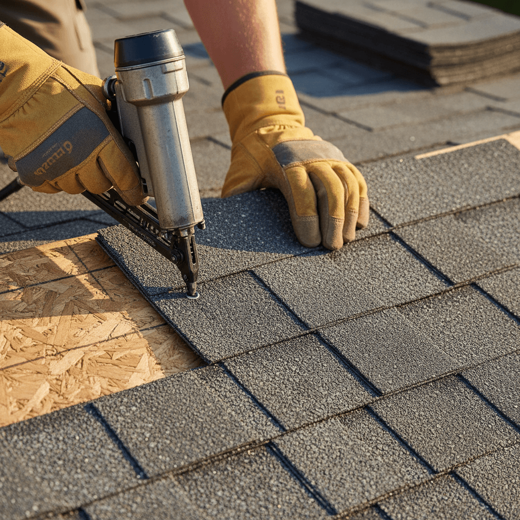 Close-up of hail damage on asphalt roof shingles