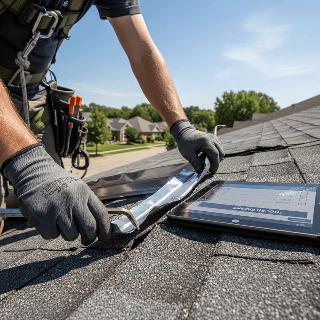 Roofer inspecting shingles on a residential roof for hail and wind damage