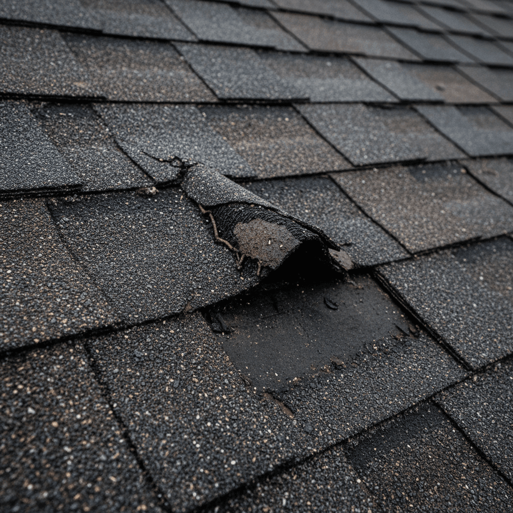 Close up of damaged asphalt shingles from hail and wind storm