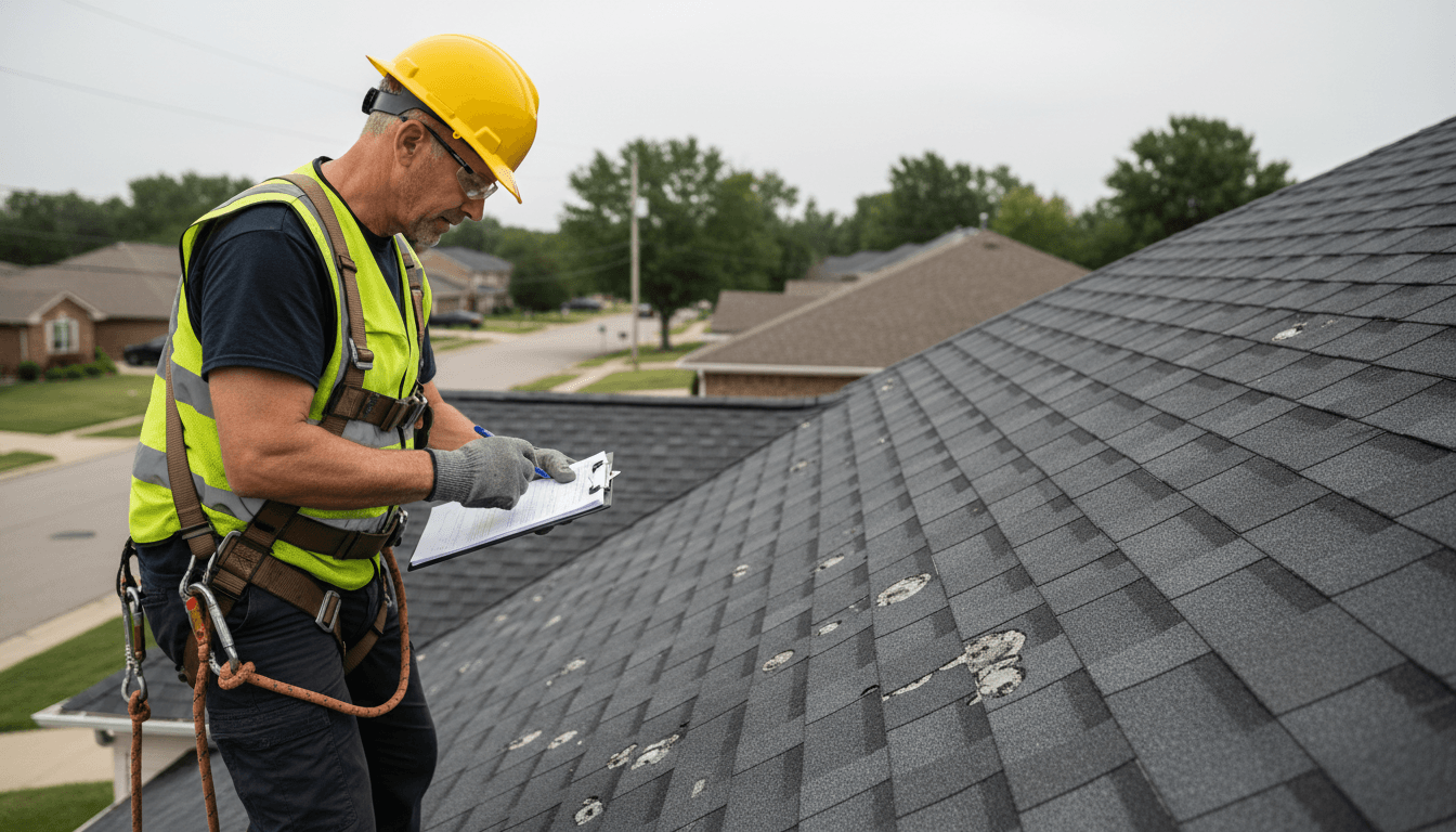 Roofing contractor inspecting hail damage on residential roof with clipboard