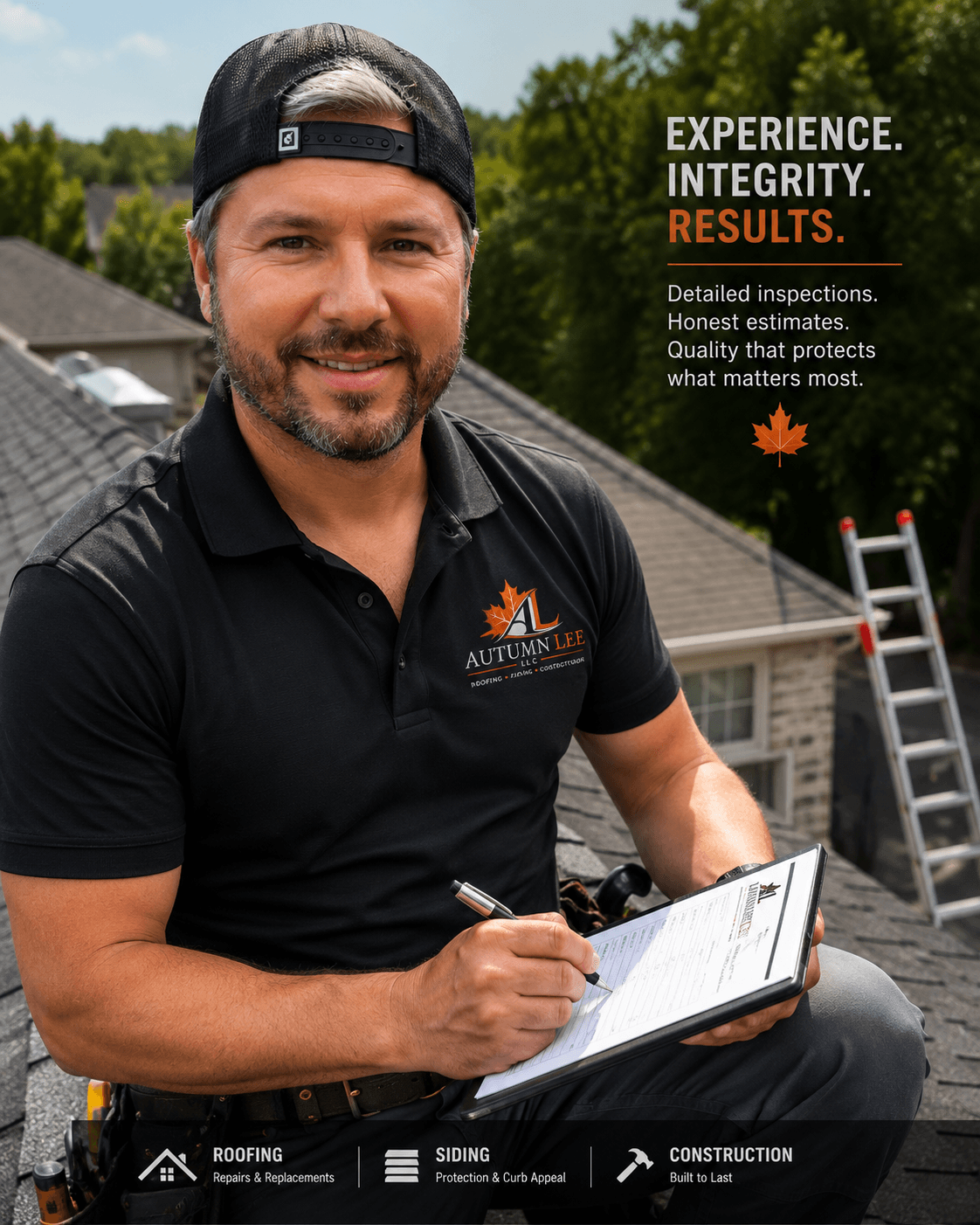 Smiling Autumn Lee LLC contractor performing a roof inspection with a clipboard and pen.