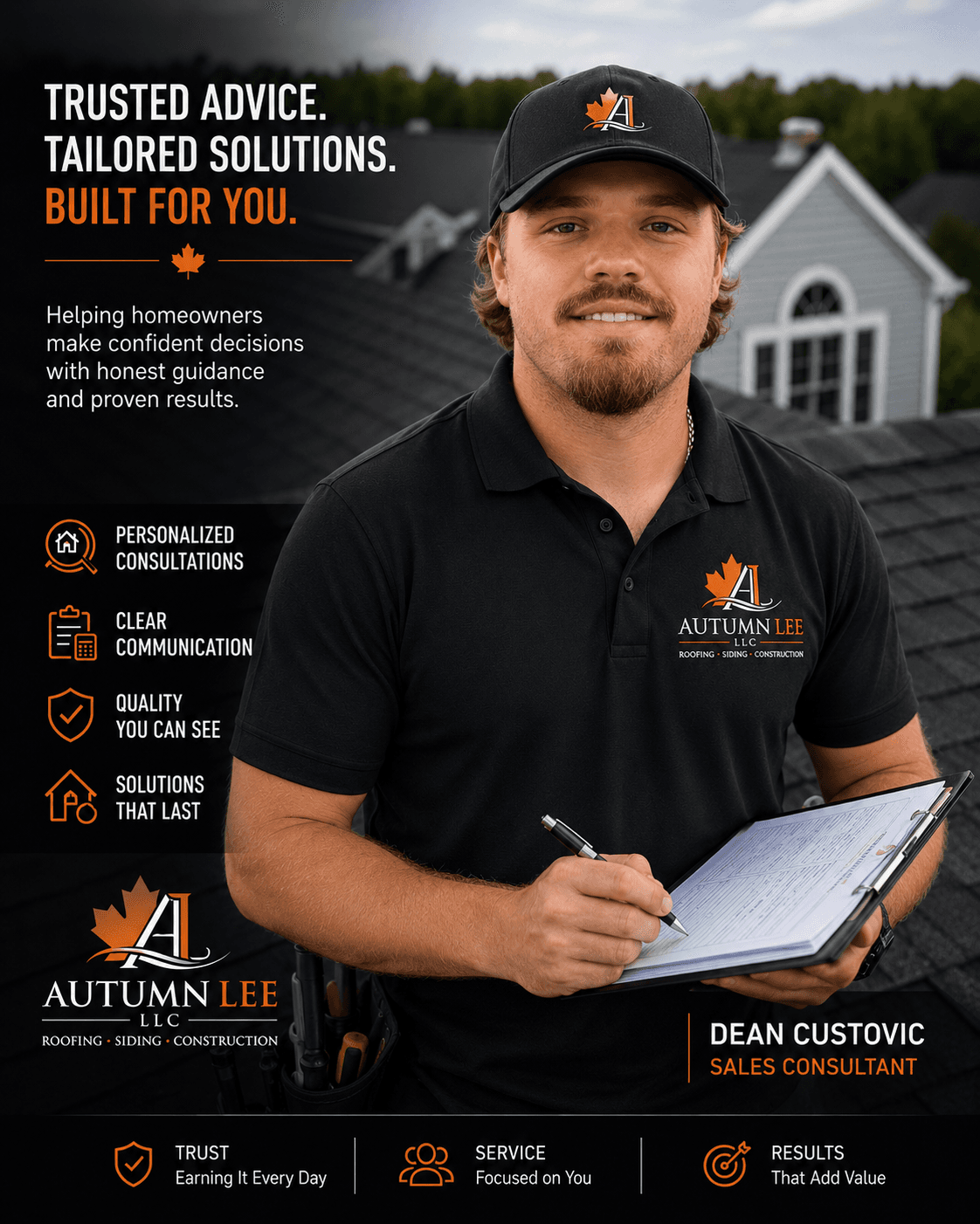Sales consultant Dean Custovic for Autumn Lee LLC stands on a roof holding a clipboard.